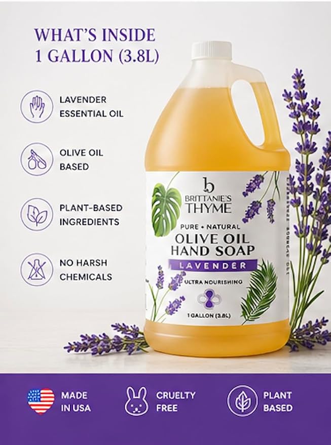 Brittanie's Pure Organic Castile Liquid Olive Oil Soap Refill, Lavender 1 Gallon | Face, Body Wash, Laundry, Dishes, Pets | Vegan & Gluten Free Non-GMO