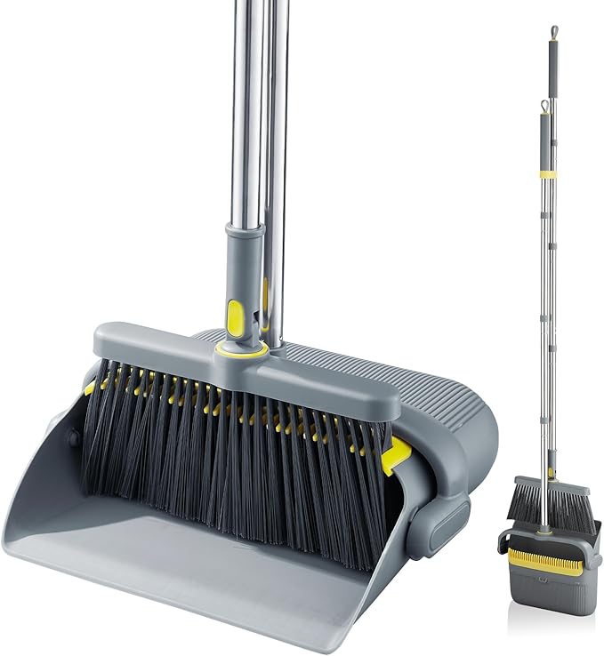 Broom with Dustpan Combo Set, 52'' Long Handle Stainless Steel Poles, Self Cleaning Dustpan Teeth for Home Sweeping Indoor Outdoor Kitchen Office Restaurant Apartment Pet Hair Cleaning Tools