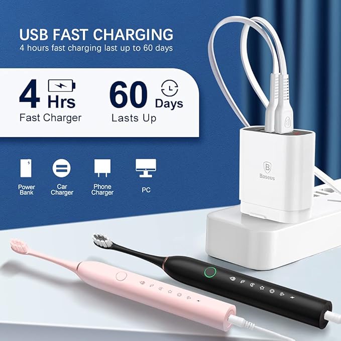 2 Pack Rechargeable Electric Toothbrushes for Adults and Kids, Whitening Tooth Brush with 8 Brush Heads, 6 Cleaning Modes and Smart Timer, Waterproof Cleaning Toothbrushes Set