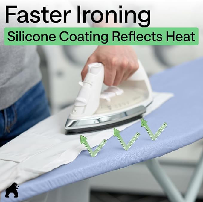GORILLA GRIP The Original Ironing Board Cover and Pad, Silicone Coating, 400°F Scorch Resistant Thick Padding, Heavy Duty Iron Covers Standard Boards, Hook and Loop Fastener Strap, Blue 13x43