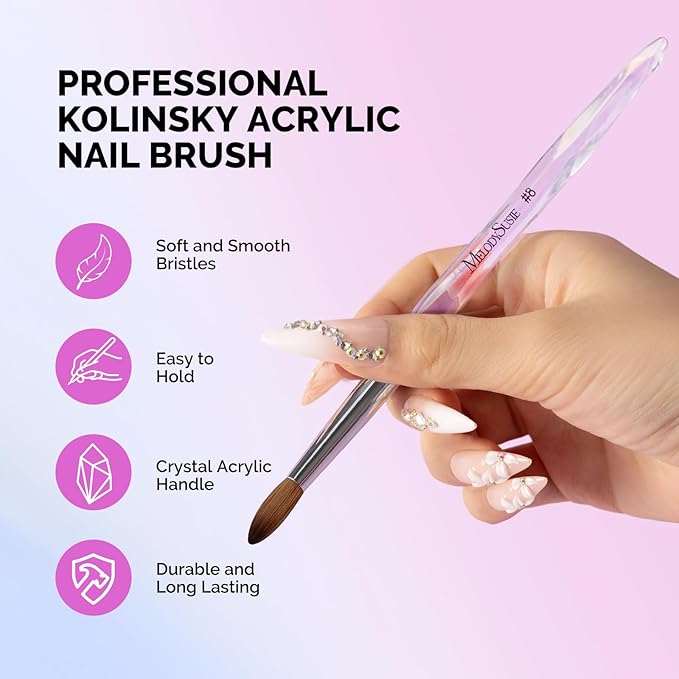 MelodySusie Kolinsky Acrylic Nail Brush, 100% Pure Kolinsky Hair, Professional Nail Brush for Acrylic Powder Nail Extension and 3D Nail Carving, for DIY Home Salon, Size 8