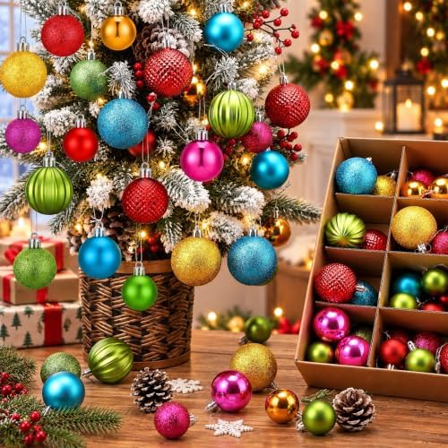 Lunmon 64 Pcs Neon Christmas Ball Ornaments Shiny Bright Multicolor Baubles