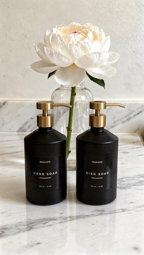 Homelistic Matte Black Glass Soap Dispenser Set with Champagne Gold Pump – 16oz Refillable Kitchen & Bathroom Soap Dispensers (2 Pack) Rust-Resistant Stainless Steel Pumps, 48 Labels
