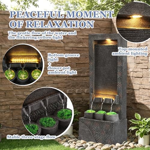 Grepatio 39" Tall Outdoor Water Fountain, Indoor Water Feature Cascading Wall with 5 LED Lights, Large Outside Resin Wtaerfall Fountains for Garden, Yard Patio Home Decor, Natural Stone Look, Gray