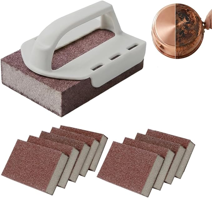 Magics Emery Cleaning Sponge, Pot Scrubber Carborundum Sponge with Handle, Cleaning Eraser Scrub Pads for Cleaning Pots and Pans, BBQ Grill Dish Brush Scouring Pads (Grey 10pcs)