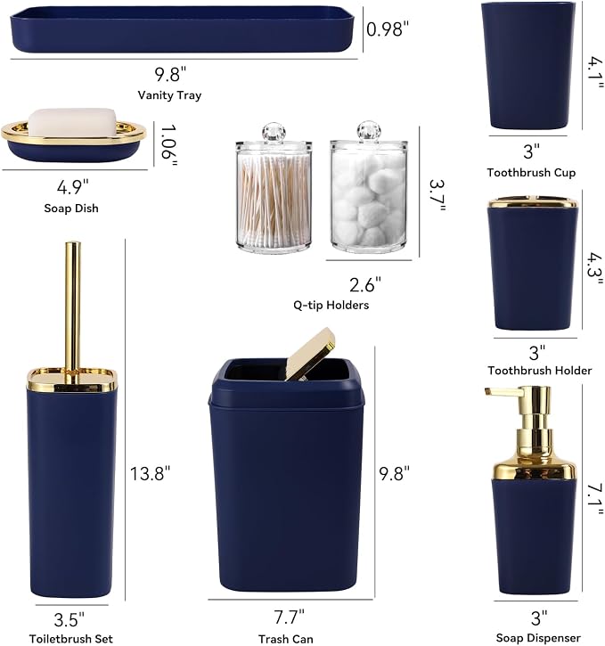 XLHOMO Bathroom Set, 9PC Bathroom Accessory Set, Blue Bathroom Accessories, Blue Bathroom Set, Trash Can, Soap Dispenser for Home Decor