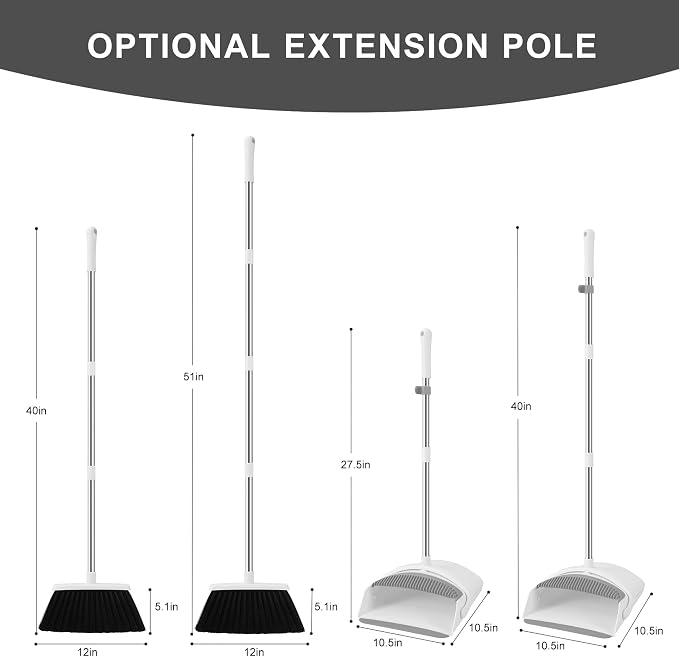 Broom with Dustpan Combo Set for Home, 52-in Long Adjustable Handle Angle Broom and Dustpan Set with Dustpan Comb Teeth for Sweeping Pet Hair Food Dirt Kitchen (White-Grey)