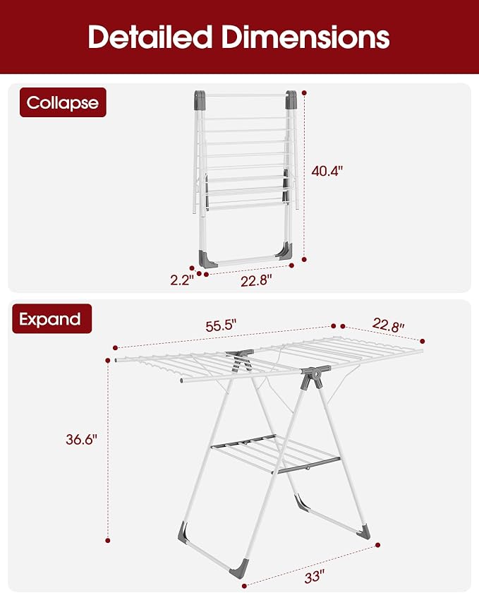 Sakugi Clothes Drying Rack with Height-Adjustable Wings, Metal Foldable Laundry Dryer Stand for Clothing & Bedding, Free-Standing Collapsible for Indoor & Outdoor Use, 55.5" L × 22.8" W, White Gray