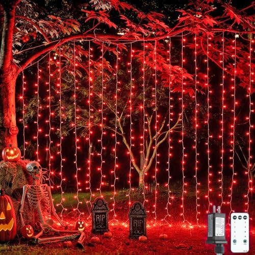 JMEXSUSS 300LED Red Curtain Lights for Halloween Christmas Decor, 9.8x9.8ft