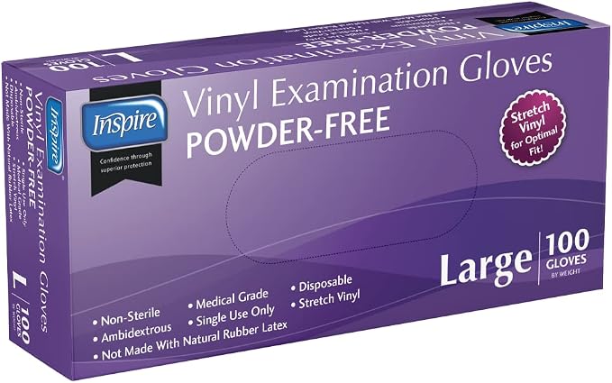 Inspire Medical Exam Gloves | Powder Free Stretch Vinyl Glove | Disposable Latex Free Gloves Food Safe For Cooking And Home Use