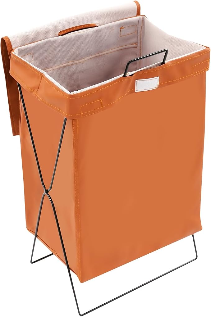 X-Frame Collapsible Laundry Basket, Foldable Dirty Clothes Basket w/Lid, Laundry Hamper Washing Bin for Bathroom, Bedroom, Dorm (Brown B)