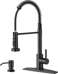 FORIOUS Black Kitchen Faucet with Soap Dispenser, Stainless Steel Kitchen Sink Faucet with Pull Down Sprayer Single Handle Modern Spring Commercial for Laundry Utility Room RV Camp Bar Farmhouse