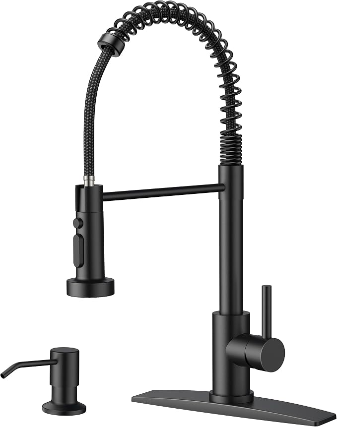 FORIOUS Black Kitchen Faucet with Soap Dispenser, Stainless Steel Kitchen Sink Faucet with Pull Down Sprayer Single Handle Modern Spring Commercial for Laundry Utility Room RV Camp Bar Farmhouse