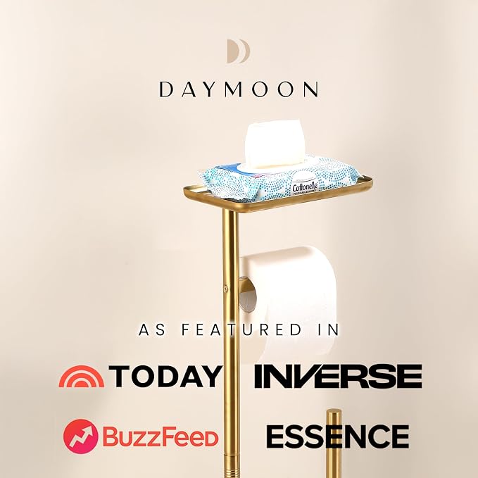 Day Moon™ - Toilet Paper Holder - Modern Roll Holder for Bathroom - 1 Pack - Free Standing - with Shelf, Gold