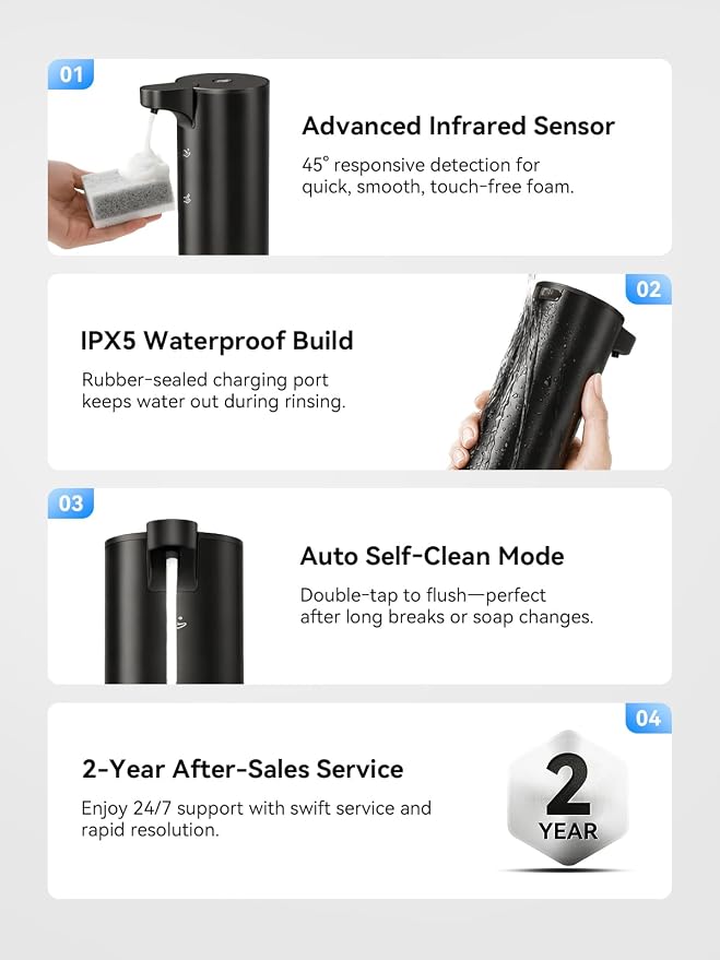 SUNLY Automatic Foam Soap Dispenser, 0.2s Fast Sensor, USB-C Rechargeable, Smudge-Resistant Stainless Steel, Touchless Liquid & Foaming Soap Dispenser for Bathroom, Kitchen, Hotel, Black