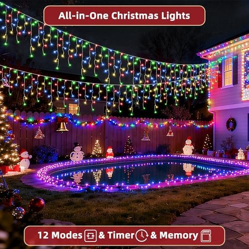 810 LED Christmas Lights Outdoor 82FT with 180 Drops, Christmas Decorations Hanging Lights 12 Modes, Dimmable Outsite Fairy String Lights for Wedding Party Holiday Winter Wonderland Decor Multicolor