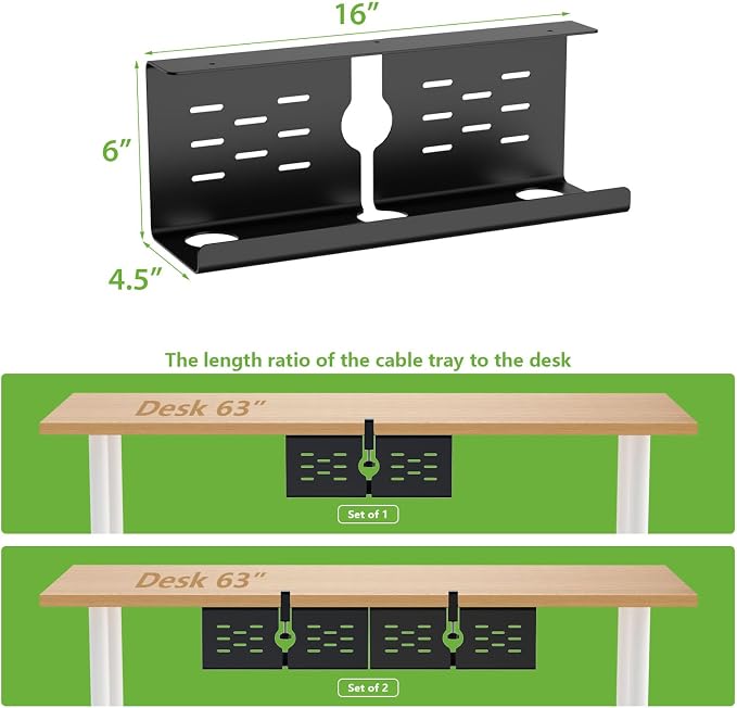 KEEGH 16'' Under Desk Cable Management Tray, No Drill Clamp Mount, Sturdy Metal Cable Tray for Power Strip, Cord Management Tray for Home Office, Gaming Desk, Standing Desk, Black, 1 Pack