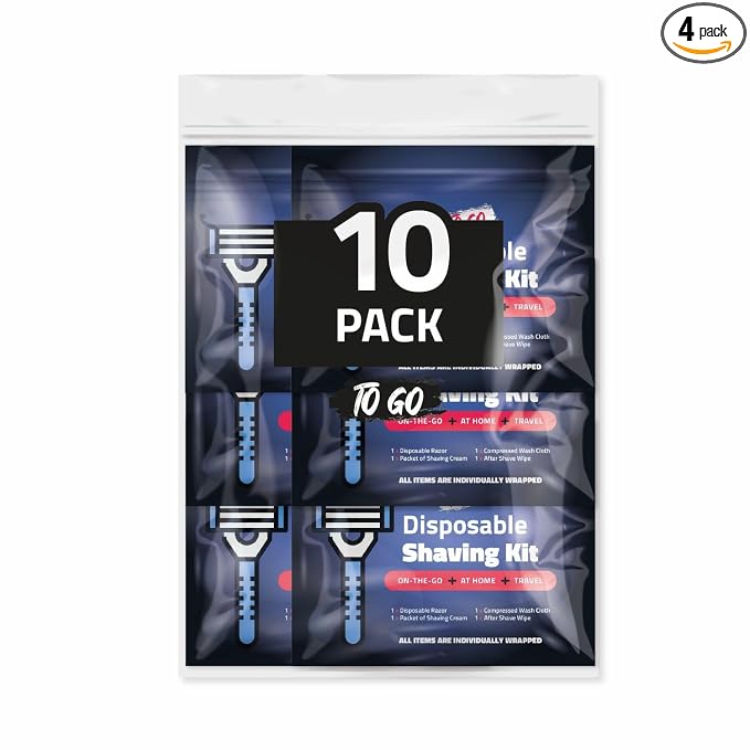 On-the-Go Shaving Kit – Disposable Razor, Shaving Cream, Washcloth & Aftershave Wipe – Travel Friendly, Grooming Essentials for Hygiene when on the Go - Black (10)
