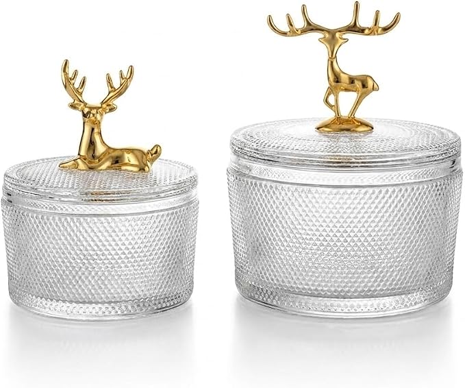 Glass Sugar Bowl Set of 2 with Gold Metal Deer Lid Handle | Diamond-Cut Texture, Small & Large Sizes, Clear Glass Body, Lidded Storage Jars, Decorative Deer Figurine