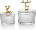 Glass Sugar Bowl Set of 2 with Gold Metal Deer Lid Handle | Diamond-Cut Texture, Small & Large Sizes, Clear Glass Body, Lidded Storage Jars, Decorative Deer Figurine