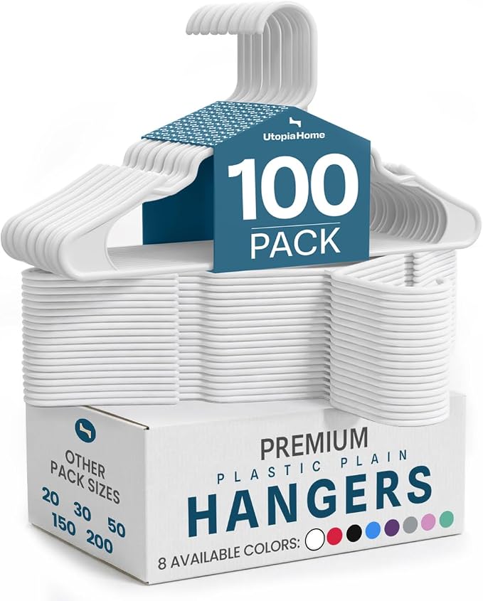 Utopia Home Plastic Hangers 100 Pack – Space Saving Clothes Hanger White | Durable & strong | Closet organizer & storage | Ideal for apartments, dorms & stocking stuffers