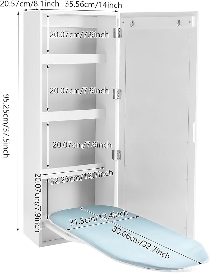 Wall Mounted Ironing Board with Storage Cabinet, Built-in 180° Swivel Foldable Ironing Board and Mirror Door, White Ironing Station Organizer for Home, Apartment, Laundry Room, Small Spaces