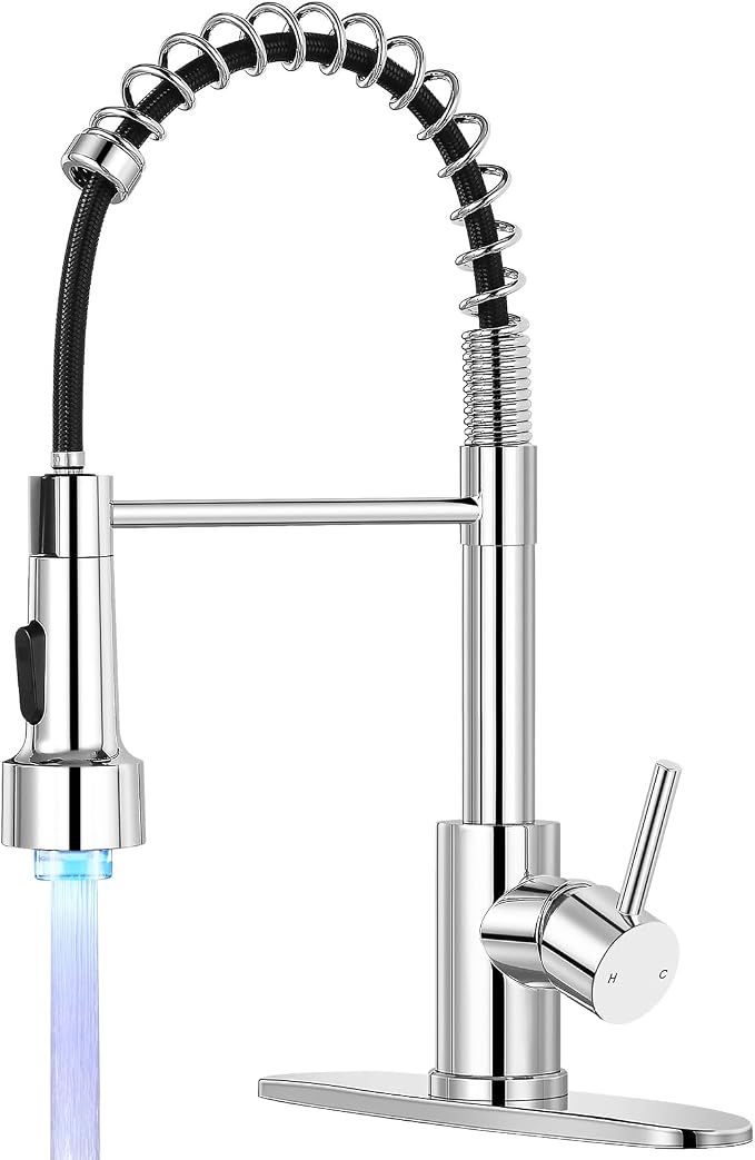 Kitchen Faucet with LED Pull Down Sprayer Chrome | 2-mode sprayer, 360° high arc spout, 304 SS build, drip-free valve, fingerprint-resistant, DIY install, 500K cycle tested