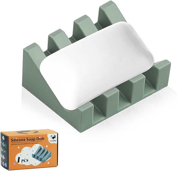 Self Draining Soap Dish Holder,Silicone Soap Dish,for Bathroom,Kitchen, Sponges，Can Extend Soap Life，Keep Soap Bars Dry and Easy Cleaning (Green,1-Pack)