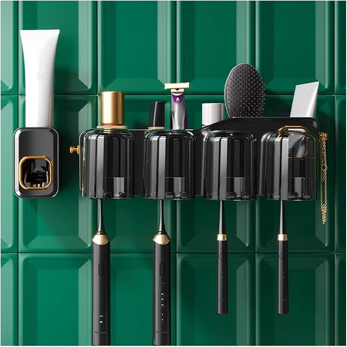 Toothbrush Rack 2PCS Wall Mounted Bathroom Toothbrush Holder for Makeup, Shaver Storage Rack, with Mouthwash Cup, Toothpaste Squeezer Kit Bathroom Toothbrush Holder(A)
