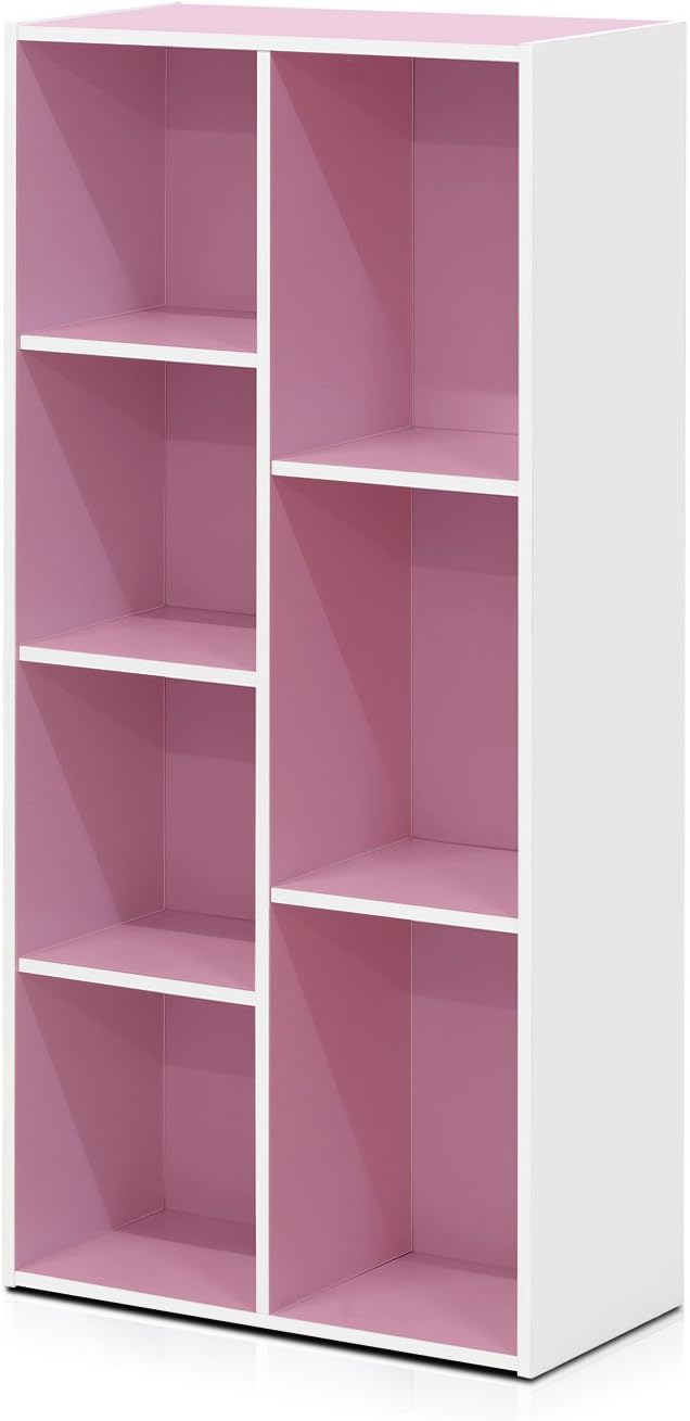 Furinno LUDER Book Shelf, 7-Cube Bookshelf, Bookcase with Open Shelves, 9.4 x 19.5 x 41.7, Easy Assembly, for Living Room, Bedroom, Home Office, White/Pink