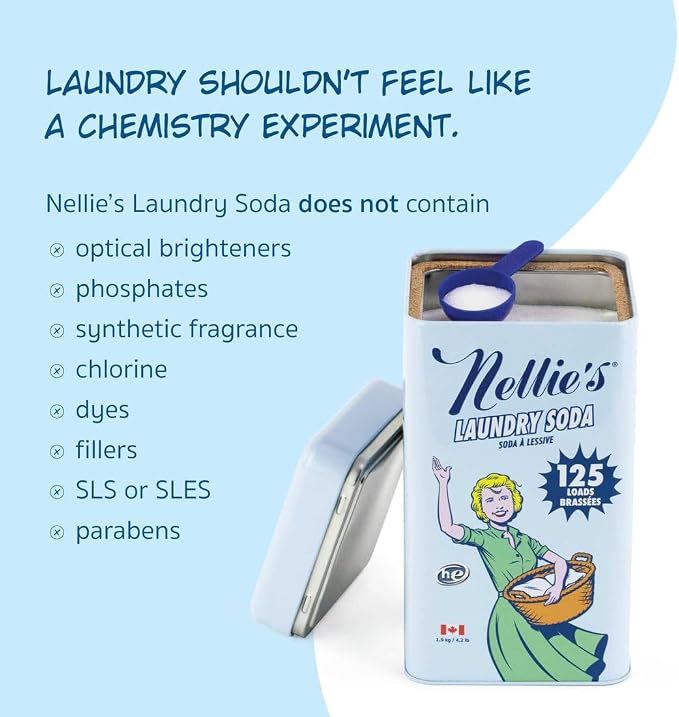 Nellie's Laundry Soda | Laundry Detergent Powder, 125 Load | Made in Canada | Septic-Safe, HE Compatible & Fragrance-Free - Concentrated Formula - Simple, Safe ingredients