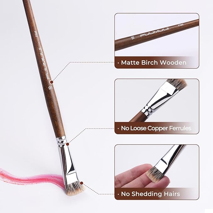 Fuumuui Professional Paint Brush Set, 4Pcs Natural Badger Hair with Flat Shape Blending Mop Oil Paint Brushes for Acrylic Painting Oil and Gouache