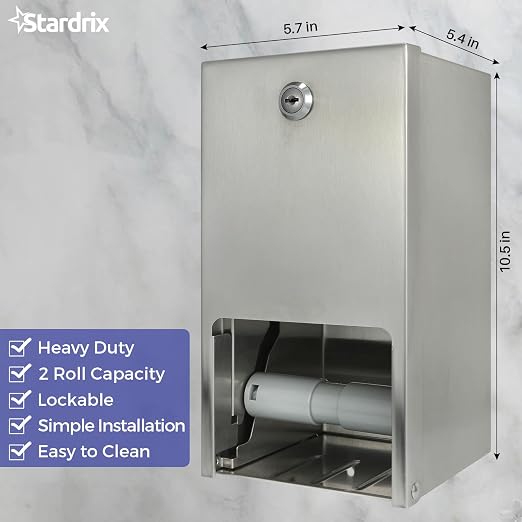 Stardrix 2 Roll Stainless Steel Commercial Toilet Paper Dispenser, Heavy Duty Wall Mount Tissue Holder with Lock for Restroom/Bathroom