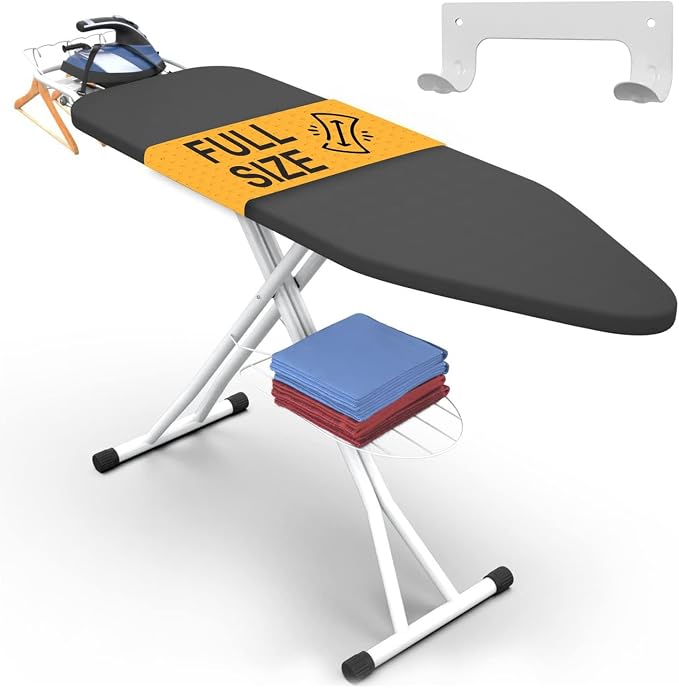 Ironing Board 43" x 13" Foldable with Wall Hanger, Full Size | Heavy Duty, Height adjustable, full-metal frame, heat-resistant cover, iron rest, anti-slip feet