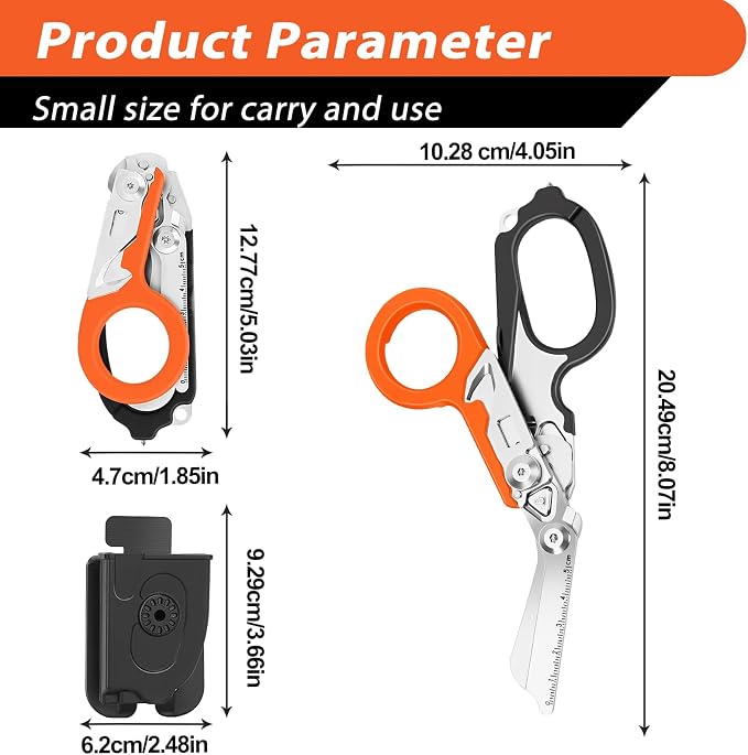 Lenporl 2 Pack Foldable Trauma Shears with Compatible Holster, Emergency Shears with Strap Cutter and Glass Breaker for Outdoor Camping Medical Scissors Tools Black+Orange