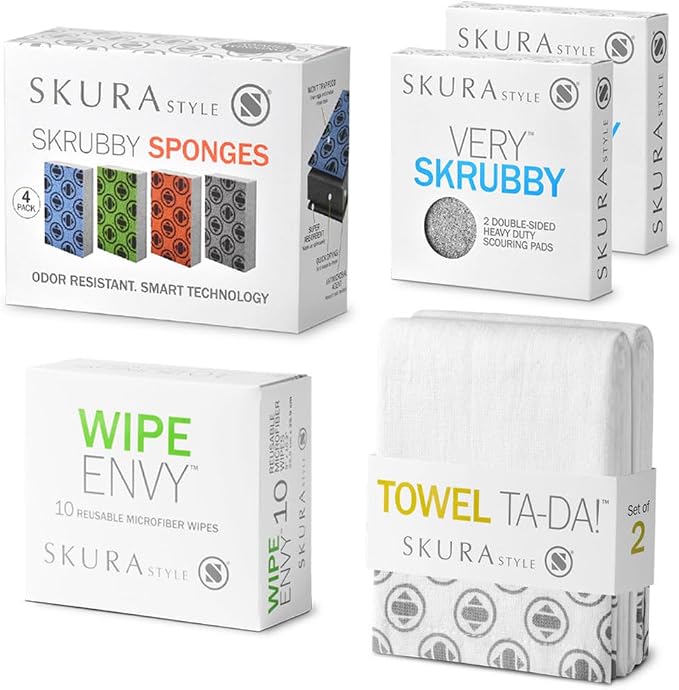 Skura Style Ultimate Kitchen Cleaning Tool Kit — 4 Odor Free Kitchen Sponges + 4 Heavy-Duty Scouring Pads + 10 Lint-Free Microfiber Wipes + 2 Dual-Sided 100% Cotton Kitchen Towels