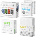 Skura Style Ultimate Kitchen Cleaning Tool Kit — 4 Odor Free Kitchen Sponges + 4 Heavy-Duty Scouring Pads + 10 Lint-Free Microfiber Wipes + 2 Dual-Sided 100% Cotton Kitchen Towels