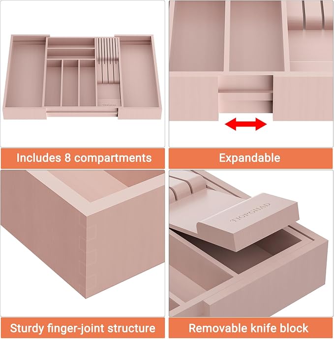 TIOPGHAD Bamboo-Silverware-Drawer-Organizer-Kitchen, Expandable Utensil Holder Cutlery Tray Flatware Organization Adjustable Wood Tableware Dividers Storage (with Removable Knife Block)(Grey Pink)
