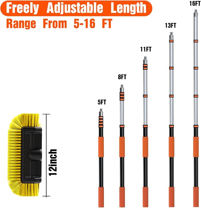 LAANPOLE 16FT Car Wash Brush with Long Handle, Car Cleaning Brush with 12 Inch Soft Bristle, Solar Panels Cleaner with Telescoping Pole for RV, Truck, Boat, House Siding