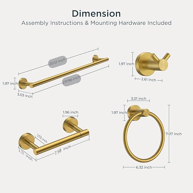 FORIOUS Bathroom Hardware Accessories Set, SUS304 Stainless Steel Towel Bar Set, Modern Towel Racks Holder for Bathroom, Toilet Paper Holder Wall Mounted 4 Pieces(18" Bar, Brushed Gold)