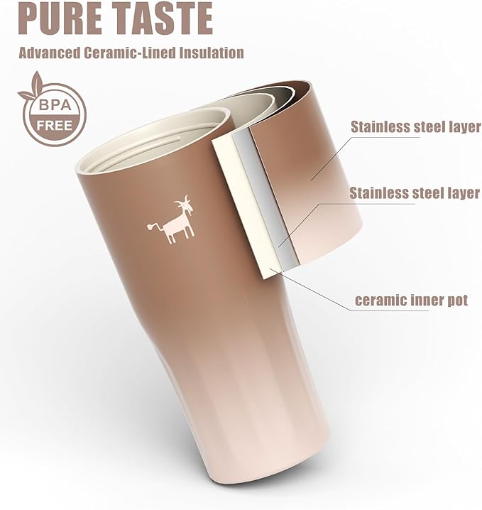CHEERFUL GOAT Ceramic Lined Coffee Travel Mug – Stainless Steel Travel Coffee Tumbler with Ceramic Liner, with lid, 21 OZ Cup for Hot and Cold Water Coffee at Home, Office, or On the Go (Latte Ombre)