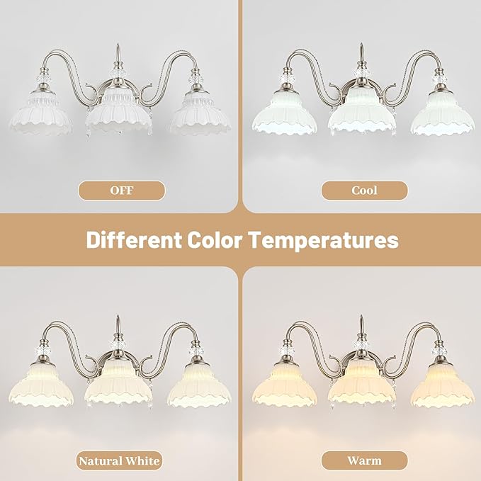 Brushed Nickel Bathroom Vanity Light, 3-Light Nickel Finish Wall Sconce with Hanging Crystal Accents and Flower-Shaped White Glass Shades, Modern Wall Mount Vanity Light Over Mirror for Bathroom
