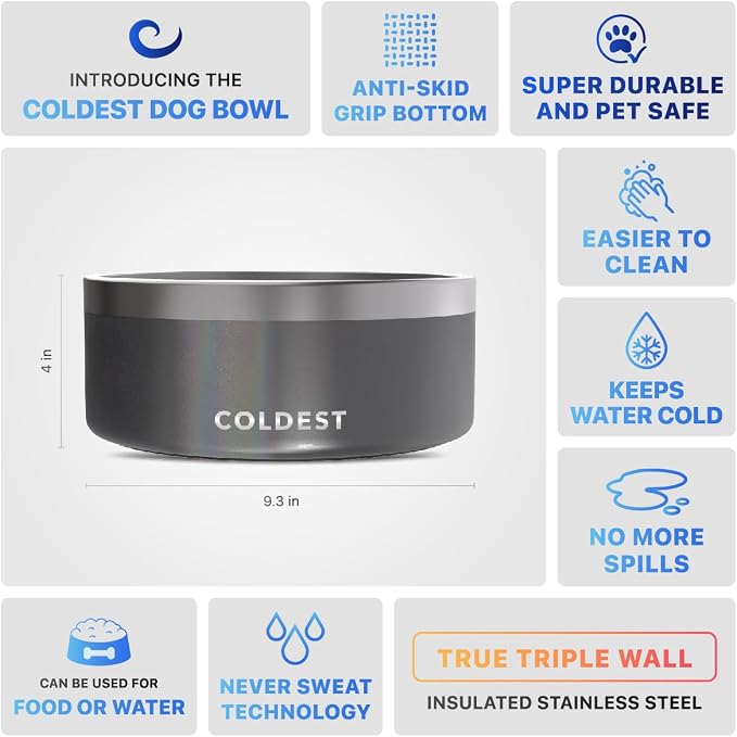 Coldest Dog Bowl - Anti Rust Metal, Non Slip, 3 Layers Insulated Stainless Steel Dog Bowls - Spill Proof & Heavy Duty - Water Bowl for Dogs, Cats & Pets, Dish Washer Safe (100 oz,Stardust Glitter)