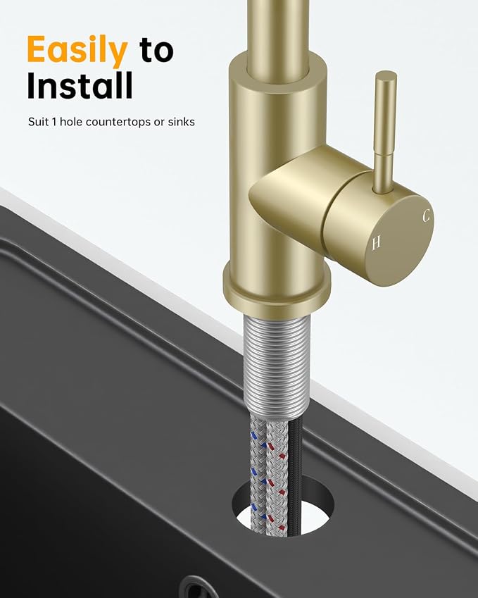 Hiqufet Vintage Kitchen Faucet, Pull Down Sprayer, Brushed Gold | Easy Install, 360 Swivel, 3 Spray Modes, SUS304 Stainless Steel, High Arc, Fits RV/Laundry/Bar Sinks, High Arc, Lead-Free