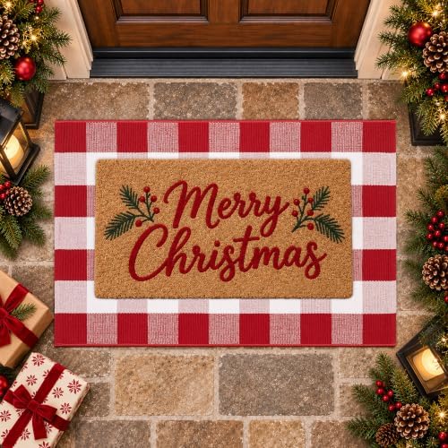 Christmas Red and White Plaid Door Mat, 28 x 43 Inches Cotton Hand-Woven Layered Entry Mat for Front Porch, Entryway, Outdoor Holiday Decor, Washable Buffalo Check Doormat for Home, Patio, Kitchen