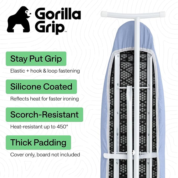 GORILLA GRIP The Original Ironing Board Cover and Pad, Silicone Coating, 400°F Scorch Resistant Thick Padding, Heavy Duty Iron Covers Standard Boards, Hook and Loop Fastener Strap, Blue 13x43