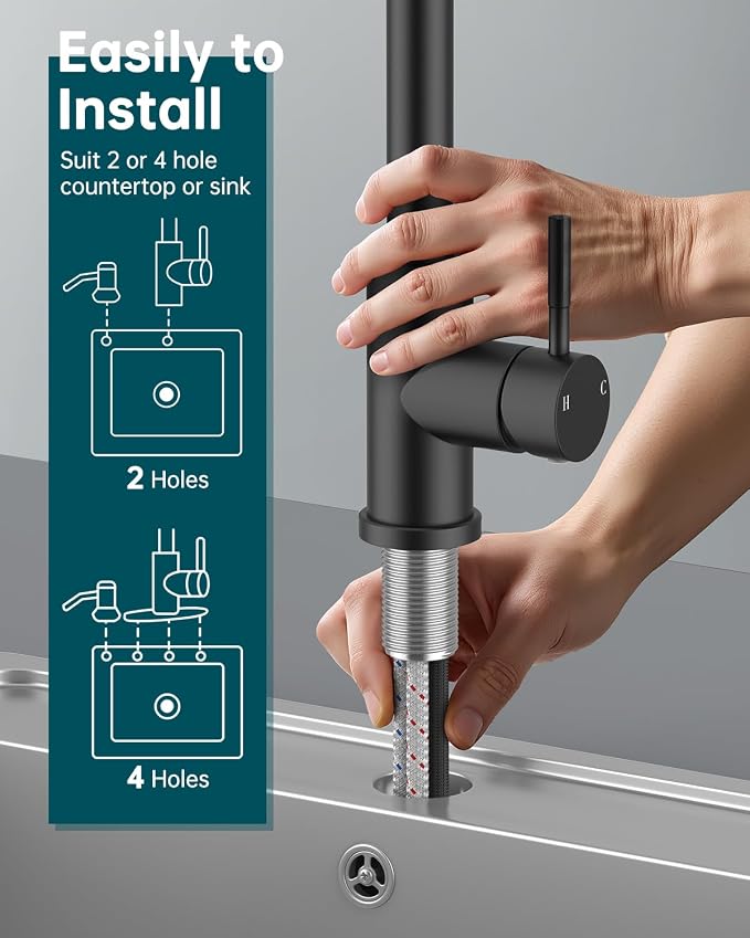 Hiqufet Pull Down Kitchen Faucet with Soap Dispenser, Matte Black | Easy Install, High Arc Single Handle, 3 Spray Modes, 360 Swivel, SUS304 Stainless Steel, Fits RV/Laundry/Bar Sinks