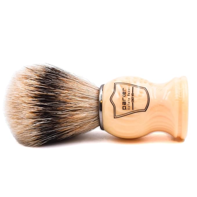 Parker Silvertip Badger Shaving Brush – Faux Ivory Resin Handle & Stand | 22mm Soft Knot for Rich Lather | Handcrafted Wet Shaving Brush for Soaps & Creams | Premium Grooming Tool
