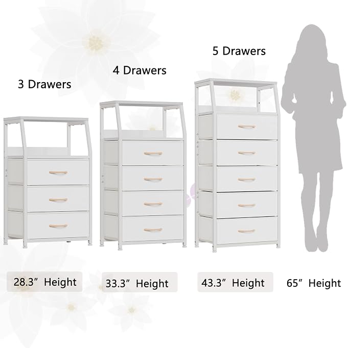 Furnulem White Nightstand with 3 Drawers and 2-Tier Shelf, Small Night Stand End Table Side Furniture, Fabric Storage Organizer for Bedroom, Closet, Hallway, Nursery, Sturdy Steel Frame, Wood Top