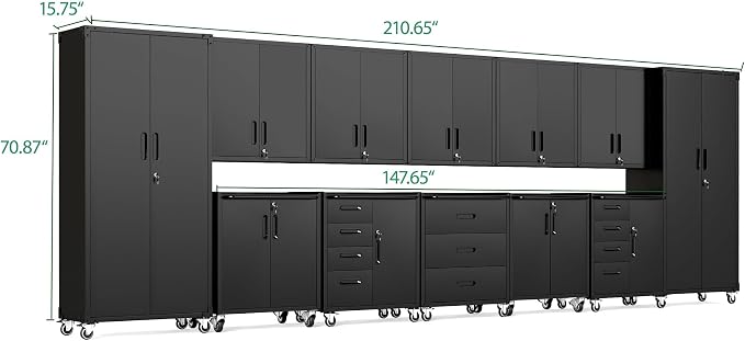 12-Piece Heavy Duty Steel Garage Cabinet System | All-in-One Modular Garage Cabinet Set for Ultimate Workshop Organization | Easy Assembly Garage Storage Cabinets & Tool Bench (Black)